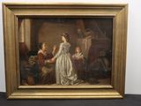 a painting of a woman in a white dress standing in front of a group of people