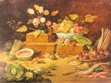 peinture d'une nature morte de fruits et légumes sur une table