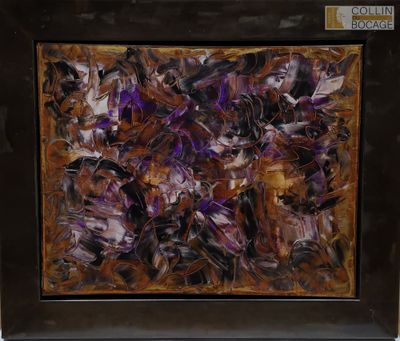 peinture abstraite aux tons violets et marron, dans un cadre noir