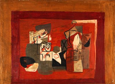 une image représentant un tableau où l'on voit un homme et une femme dans une pièce rouge