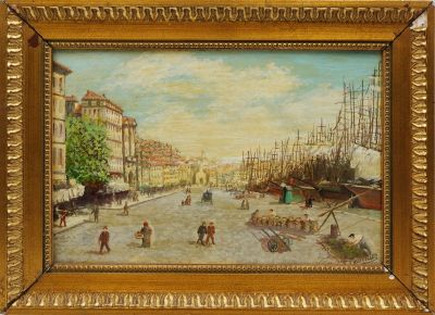 une image représentant une peinture d'une rue de la ville où des gens marchent sur le trottoir