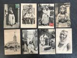 several old black and white photographs of women and children in front of a church