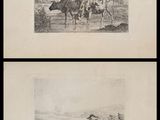 two drawings of cows in a field with a man on a horse