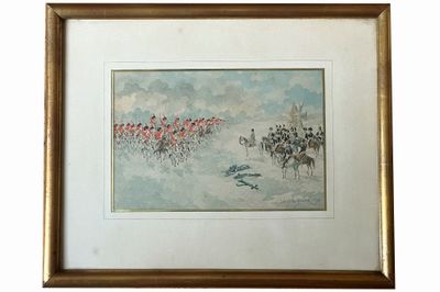 tableau représentant un groupe d'hommes à cheval par une journée enneigée