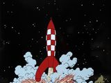 an image of a red and white rocket is flying through the air