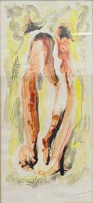 un tableau représentant deux nus debout devant un fond jaune
