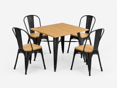 a wooden table with four chairs around it and a white background