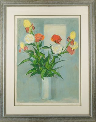painting of flowers in a vase on a blue background