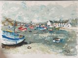a painting of boats on the water in a harbor