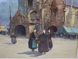 a painting of a group of people walking in front of a church