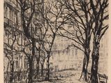dessin représentant une rue de la ville avec des arbres et un banc au premier plan