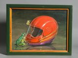 painting of a frog sitting on top of a helmet next to a frog