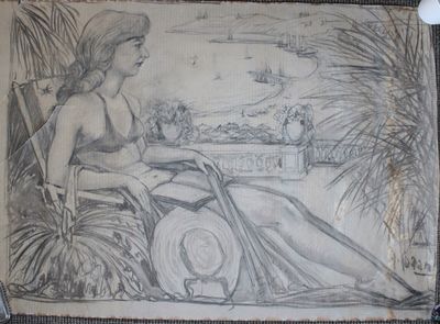 le dessin d'une femme assise sur une chaise, coiffée d'un chapeau