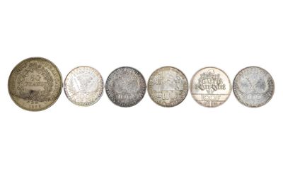 six different coins are arranged in a row on a white surface