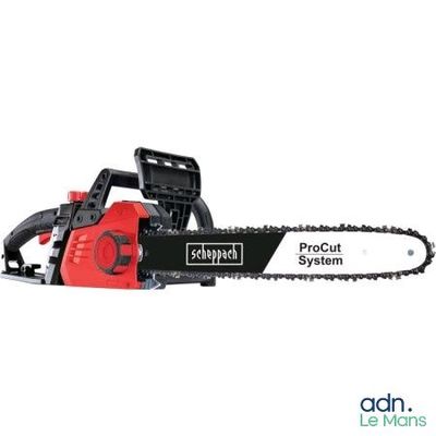 a black and red chainsaw with a red handle on a white background
