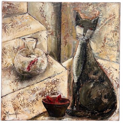 a painting of a cat sitting on a ledge next to a bowl of fish