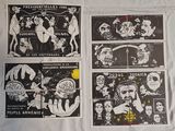 several posters on a white sheet with black and white images