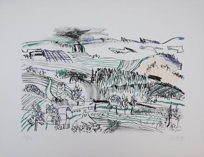 dessin représentant un paysage avec des arbres et des collines au loin