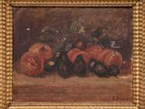tableau représentant une nature morte composée de pommes et de figurines posées sur une table