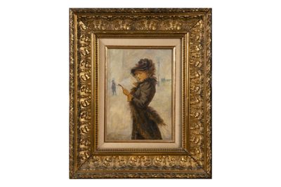 une image représentant un tableau d'une femme vêtue d'un manteau noir et d'un chapeau