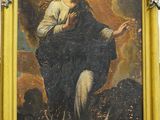 tableau représentant une femme tenant une colombe, dans un cadre jaune