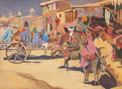 un tableau représentant un groupe de personnes à bord d'une calèche