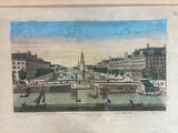 an old picture of a view of a city with a clock tower