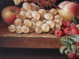 a painting of a bird sitting on top of a table with fruit