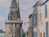 tableau représentant une scène de rue avec, en arrière-plan, des bâtiments et une tour horloge