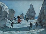 tableau représentant un groupe de personnes faisant du patin à glace dans une région montagneuse