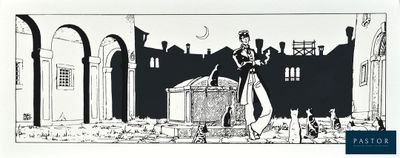 drawing of a man standing in front of a building in a courtyard