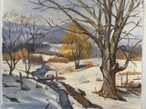 une peinture à l'huile représentant un paysage enneigé avec des arbres et un ruisseau