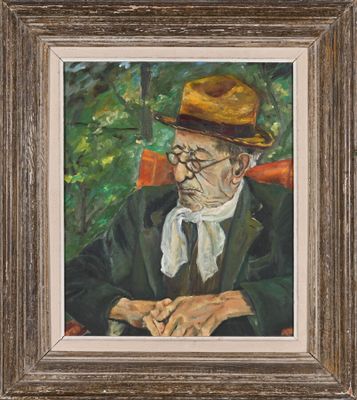 an oil painting of a man in a hat and suit sitting in a chair