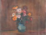 a painting of flowers in a blue vase on a table