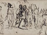 dessin représentant un groupe de personnes debout devant une foule