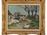 an image of a painting of a farm scene with ducks in the foreground