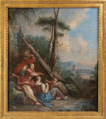 une image représentant un tableau d'une famille dans un décor boisé