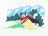 painting of a house with a red roof in a field with trees