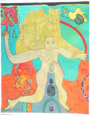 painting of a woman holding a large piece of art in her hands
