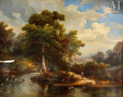 tableau représentant une scène fluviale avec un oiseau blanc volant au-dessus de l'eau