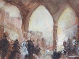 a painting of a group of people standing in a building