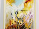 une peinture abstraite représentant un arbre dans un ciel jaune, orange et bleu
