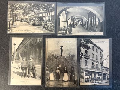 several old black and white photos of people walking down a street