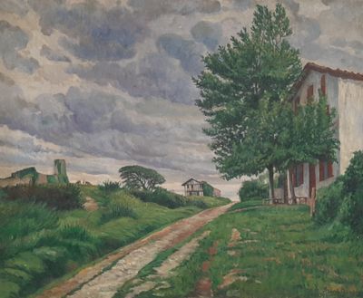 painting of a country road with a house in the distance