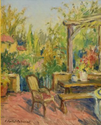 an oil painting of a patio with a table and chairs