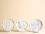 trois assiettes en céramique ornées de dessins représentant des toilettes, une cuvette de WC et une plante