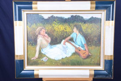 a painting of two people sitting in a field