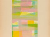 an image of a painting of a pink, green, yellow, and pink abstract painting