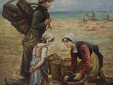 tableau représentant une femme et deux enfants, accompagnés d'un chien et d'un chat