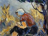 une peinture à l'huile représentant une femme assise sous un arbre dans un champ